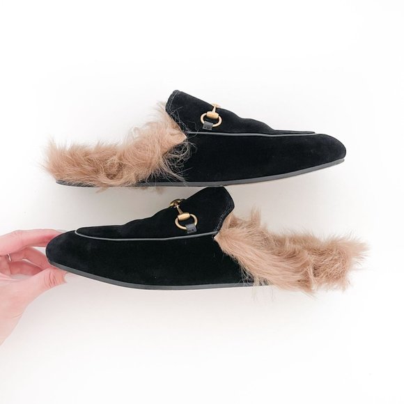 Gucci Princetown Fur Slipper EU 40 US 10 Black Velvet Horsebit Mule Loafer Flat - Picture 8 of 11